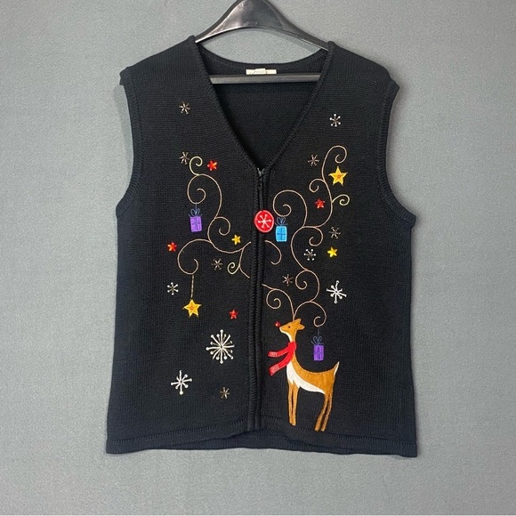 Kim Rogers Christmas vest, reindeer, holiday, festive petite, medium black - Picture 2 of 9